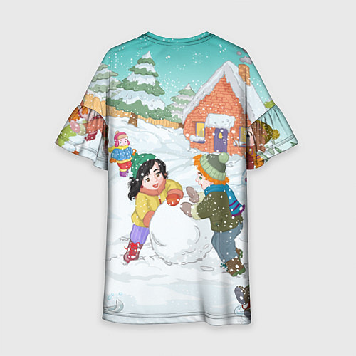 Детское платье Новогодние каникулы - дети лепят снеговика / 3D-принт – фото 2
