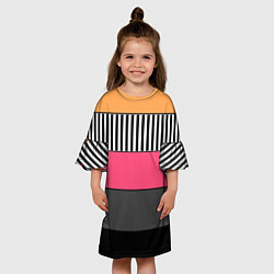 Платье клеш для девочки Полосатый узор желтые розовые черные полосы, цвет: 3D-принт — фото 2
