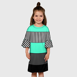 Платье клеш для девочки Полосатый зеленый с черным и белым узор, цвет: 3D-принт — фото 2