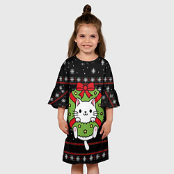 Платье клеш для девочки Рождественский венок с котиком, цвет: 3D-принт — фото 2