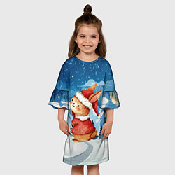 Платье клеш для девочки Новогодний заяц снежный фон, цвет: 3D-принт — фото 2