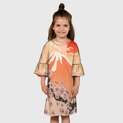 Платье клеш для девочки Ветка цветущей сакуры и вулкан, цвет: 3D-принт — фото 2