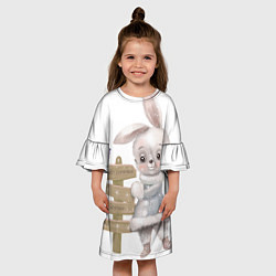 Платье клеш для девочки Рождественский Кролик с Птичкой, цвет: 3D-принт — фото 2