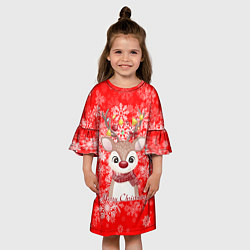 Платье клеш для девочки Милый олень и белые снежинки, цвет: 3D-принт — фото 2