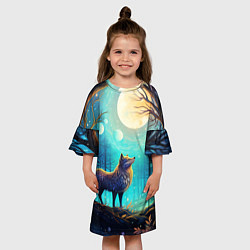 Платье клеш для девочки Волк в ночном лесу в folk art стиле, цвет: 3D-принт — фото 2