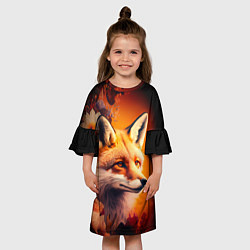 Платье клеш для девочки Огненно рыжая лиса в цветах, цвет: 3D-принт — фото 2