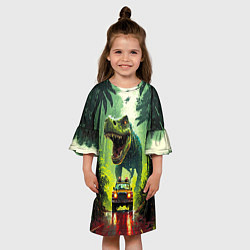 Платье клеш для девочки Динозавр в погоне за машиной в джунглях, цвет: 3D-принт — фото 2
