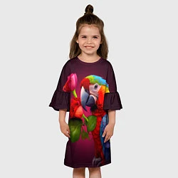 Платье клеш для девочки Попугай ара с цветами, цвет: 3D-принт — фото 2