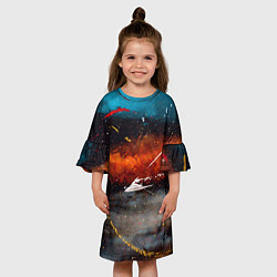 Платье клеш для девочки Серый, оранжевый и синий туманы и краски, цвет: 3D-принт — фото 2