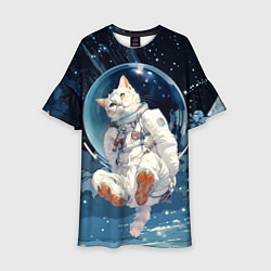 Платье клеш для девочки Белый кот космонавт в невесомости, цвет: 3D-принт