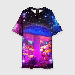 Платье клеш для девочки Звезды и неоновые светящиеся грибы, цвет: 3D-принт