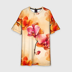 Платье клеш для девочки Акварельные цветы - персиковый паттерн, цвет: 3D-принт