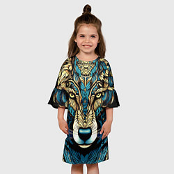 Платье клеш для девочки Волк в бирюзовом орнаменте, цвет: 3D-принт — фото 2