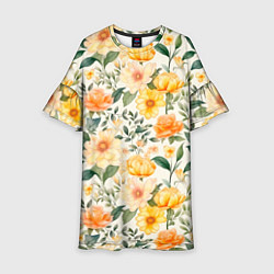 Детское платье Желтые и розовые хризантемы и пионы на светлом фон