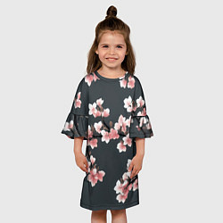 Платье клеш для девочки Цветущее дерево на темном фоне, цвет: 3D-принт — фото 2