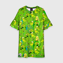 Платье клеш для девочки Зеленые волнистые попугайчики, цвет: 3D-принт