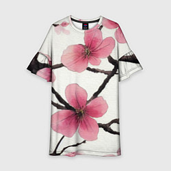 Платье клеш для девочки Цветы и ветви японской сакуры - текстура холста, цвет: 3D-принт