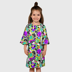 Платье клеш для девочки Разноцветный узор с буквами и абстрактными фигурам, цвет: 3D-принт — фото 2