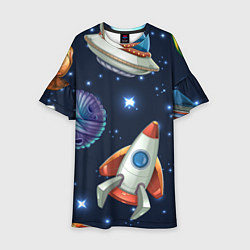 Платье клеш для девочки Космические корабли и планеты, цвет: 3D-принт