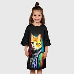 Платье клеш для девочки Модный рыжий кот - неон - поп-арт, цвет: 3D-принт — фото 2