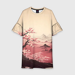 Платье клеш для девочки Сакура в горах, цвет: 3D-принт