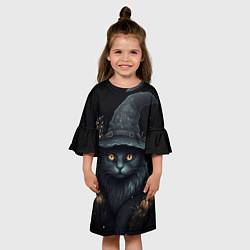 Платье клеш для девочки Черный кот в шляпе, цвет: 3D-принт — фото 2