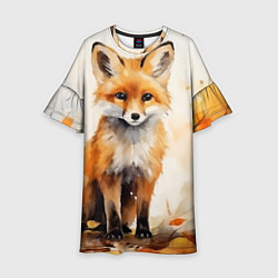Платье клеш для девочки Лиса в осеннем лесу акварель, цвет: 3D-принт