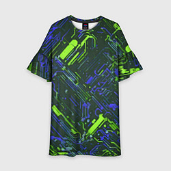 Платье клеш для девочки Киберпанк линии зелёные и синие, цвет: 3D-принт
