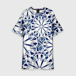 Платье клеш для девочки Стилизованные цветы абстракция синее-белый, цвет: 3D-принт