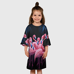 Платье клеш для девочки Стая розовых фламинго в темноте, цвет: 3D-принт — фото 2