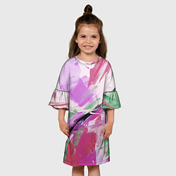Платье клеш для девочки Зеленые и розовые мазки краски, цвет: 3D-принт — фото 2