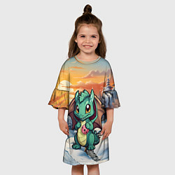 Платье клеш для девочки Милый дракончик зеленый, цвет: 3D-принт — фото 2