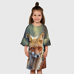 Платье клеш для девочки Портрет лисы с осенними листьями, цвет: 3D-принт — фото 2