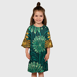 Платье клеш для девочки Одуванчики зеленая с желтым акцентом абстракция, цвет: 3D-принт — фото 2