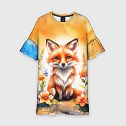 Платье клеш для девочки Рыжая лиса с цветами акварелью, цвет: 3D-принт