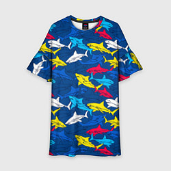 Платье клеш для девочки Разноцветные акулы на глубине, цвет: 3D-принт