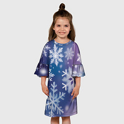 Платье клеш для девочки Снежинки на фиолетово-синем фоне, цвет: 3D-принт — фото 2