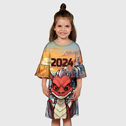 Платье клеш для девочки Большой красный дракон 2024, цвет: 3D-принт — фото 2
