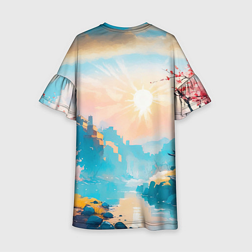 Детское платье Японский город вдали и цветущая Сакура у реки / 3D-принт – фото 2