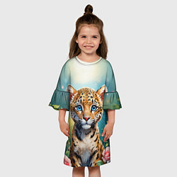 Платье клеш для девочки Портрет леопарда с розами, цвет: 3D-принт — фото 2