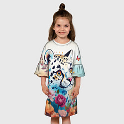 Платье клеш для девочки Мультяшный леопард в цветах, цвет: 3D-принт — фото 2