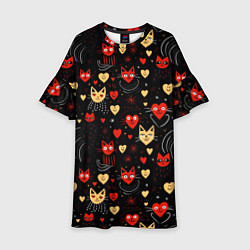 Платье клеш для девочки Паттерн с сердечками и котами валентинка, цвет: 3D-принт