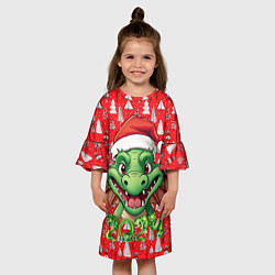 Платье клеш для девочки Зеленый новогодний дракон на красном фоне, цвет: 3D-принт — фото 2
