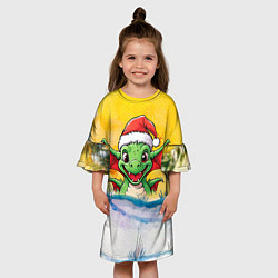 Платье клеш для девочки Веселый дракон зеленый 2024, цвет: 3D-принт — фото 2