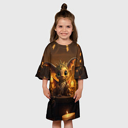 Платье клеш для девочки Новогодний дракон в желтом освещении, цвет: 3D-принт — фото 2