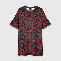 Платье клеш для девочки Красные драконы на сером фоне, цвет: 3D-принт