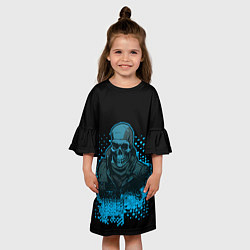 Платье клеш для девочки Синий скелет на чёрном фоне, цвет: 3D-принт — фото 2