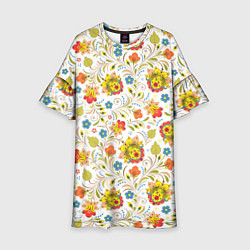 Платье клеш для девочки Хохломская роспись разноцветные цветы на белом фон, цвет: 3D-принт