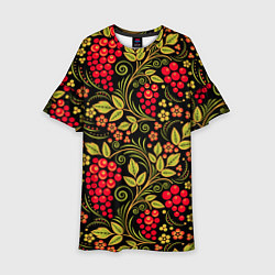 Платье клеш для девочки Хохломская роспись красные ягоды, цвет: 3D-принт