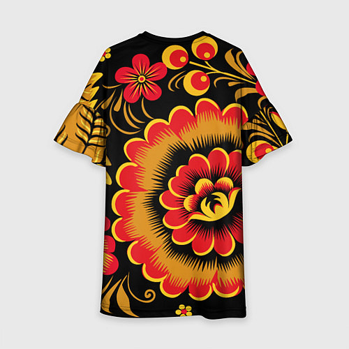 Детское платье Хохломская роспись красно-жёлтые цветы на чёрном ф / 3D-принт – фото 2